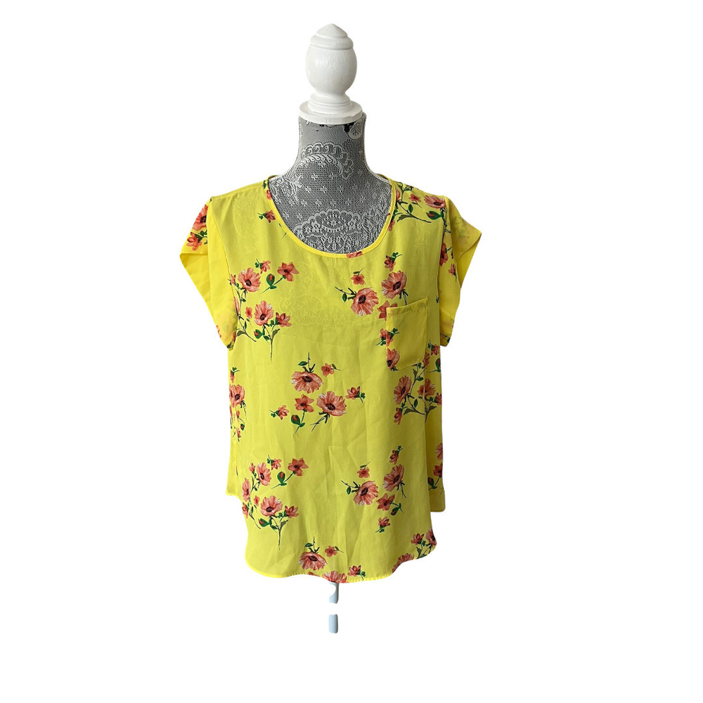 Lily White Yellow Floral Short Sleeve Shirt XL